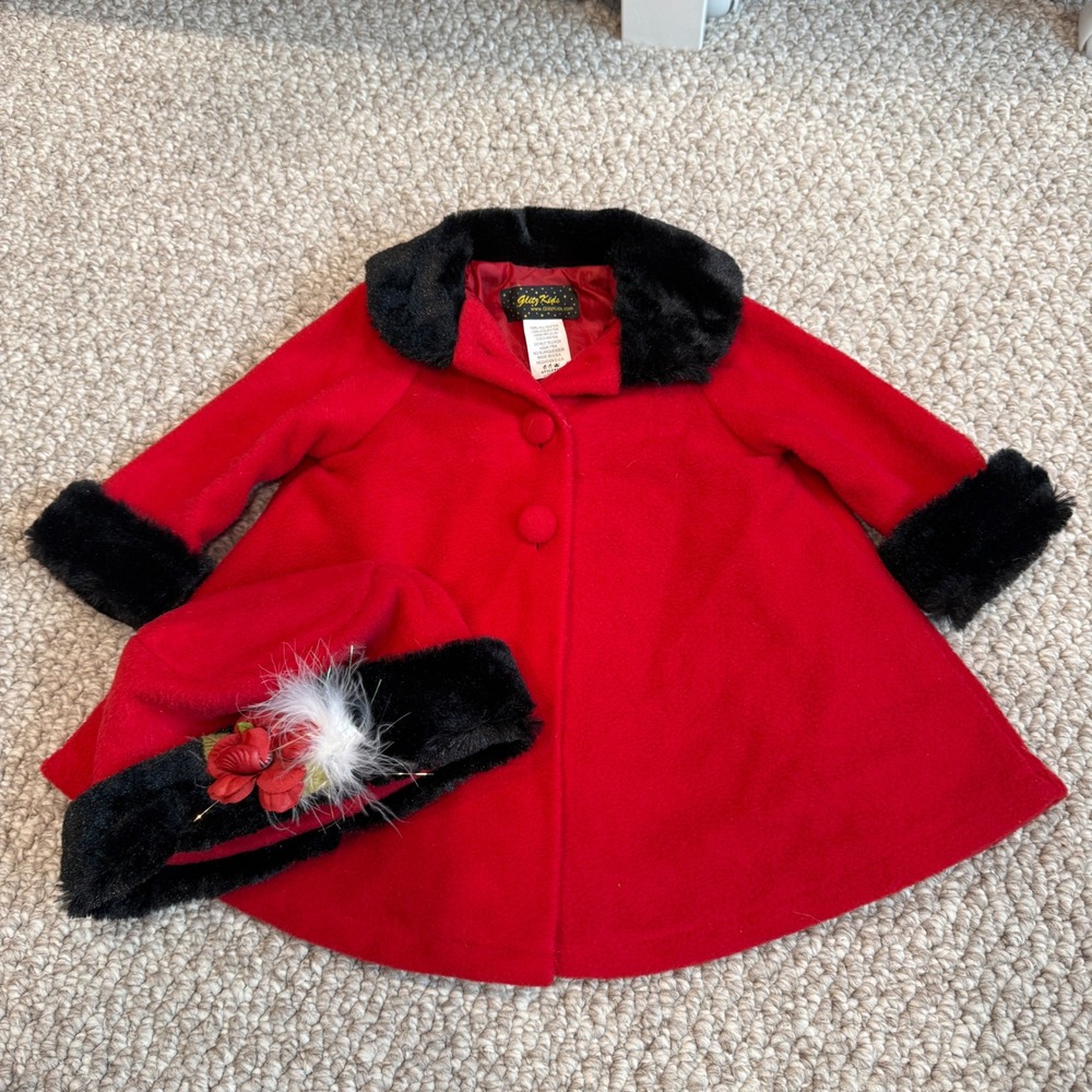 Glitz Kids Girls Red Fleece Swing Coat and Matching Hat Set Size 12 Months
